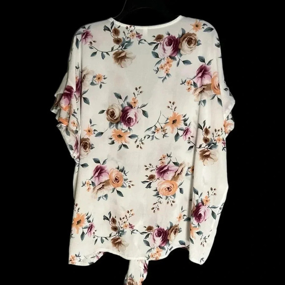 Emerald Blouse Ruffle Sleeve 1X Plum, Peach, Brown Floral On Cream Ivory SNAG! - Picture 2 of 5